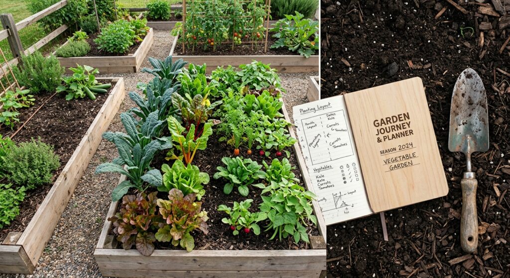 A flat-lay, high-angle editorial photograph of neatly organized garden beds with diverse vegetable c