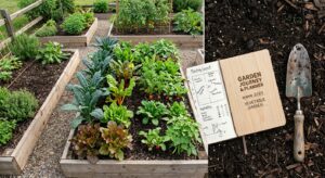 A flat-lay, high-angle editorial photograph of neatly organized garden beds with diverse vegetable c