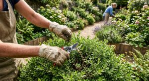 A professional, high-angle editorial shot of a gardener’s hands using sharp bypass pruners to carefu