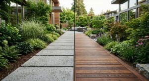 A high-end editorial split-screen photograph showcasing a modern garden path, with one side featurin