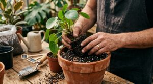 A close-up, professional editorial shot of a gardener’s hands carefully repotting a vibrant green ho