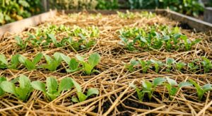 A professional, close-up editorial photograph of a vegetable garden bed neatly mulched with golden c