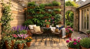 A professionally styled editorial photograph of a cozy, modern small patio featuring space-saving ve