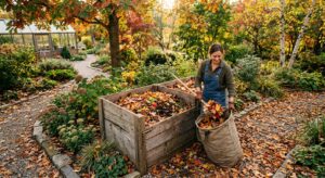 A high-angle, professional editorial shot of vibrant autumn leaves being gathered into an aesthetic,