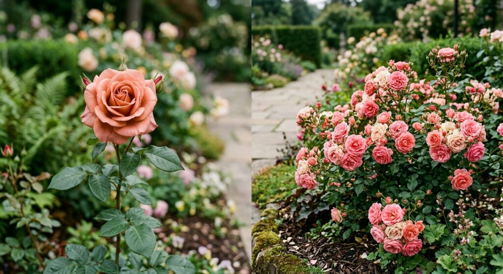 An elegant, professional editorial shot of a lush garden bed featuring a split composition with a vi