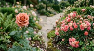 An elegant, professional editorial shot of a lush garden bed featuring a split composition with a vi