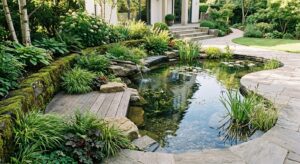 A professional editorial photograph of a crystal-clear, modern garden pond featuring a discreet filt