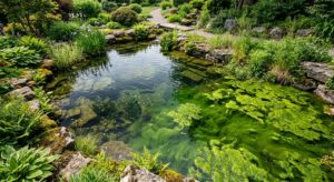 A high-angle, professional editorial photograph of a crystal-clear garden pond transitioning into a
