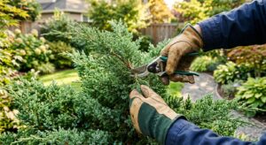 A high-quality, professional close-up of a gardener’s gloved hands precisely pruning a lush, green c