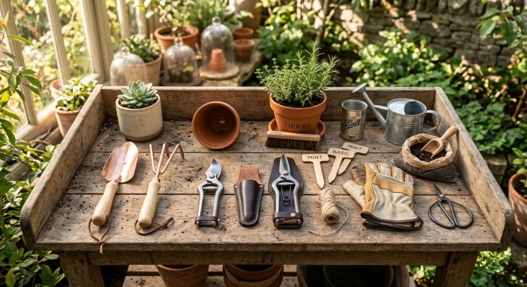 A high-angle, professional editorial shot of a variety of high-quality, clean gardening tools arrang