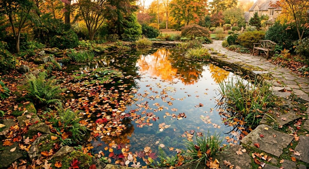 A professional, high-angle editorial shot of a pristine garden pond in late autumn, featuring colorf