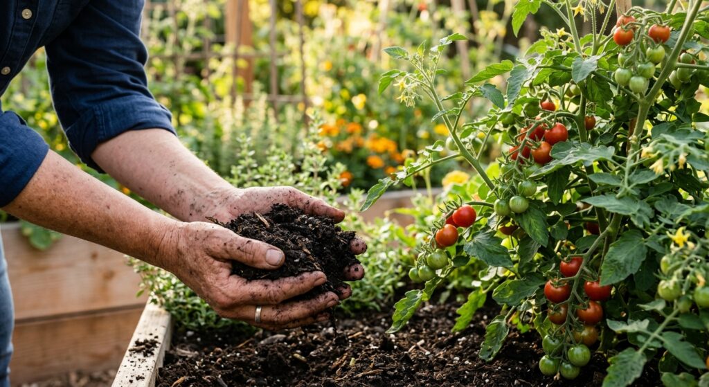 A high-quality, editorial close-up of a gardener’s hands holding nutrient-rich dark compost next to