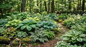 A lush, professional editorial-style photograph of a vibrant shade garden featuring a variety of gre