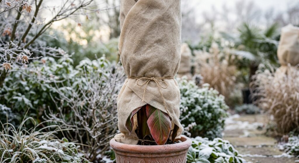 A professional editorial close-up of a vibrant exotic plant carefully wrapped in high-quality hortic