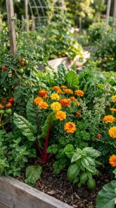 A high-quality, editorial-style close-up of a diverse vegetable garden with interplanted crops like