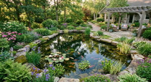 A high-angle, professional editorial shot of a lush, crystal-clear backyard pond with natural stone