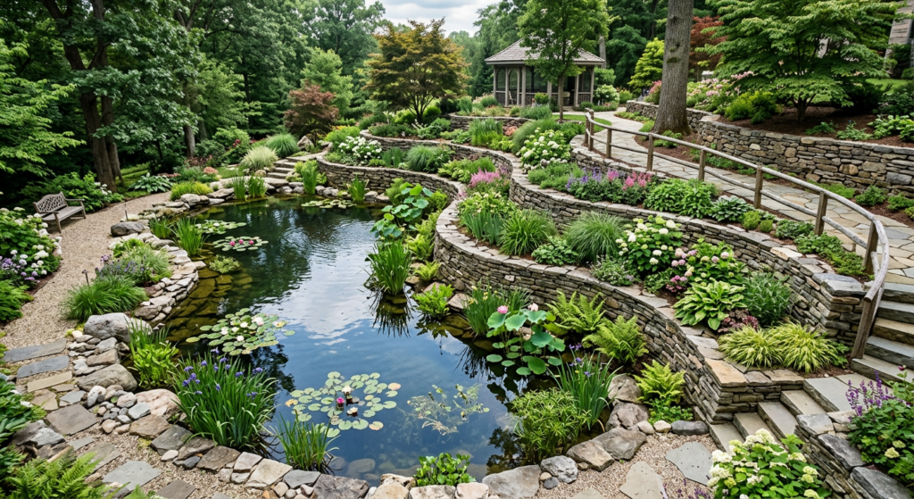 A high-angle, professional editorial shot of a beautifully landscaped garden pond with reinforced, n