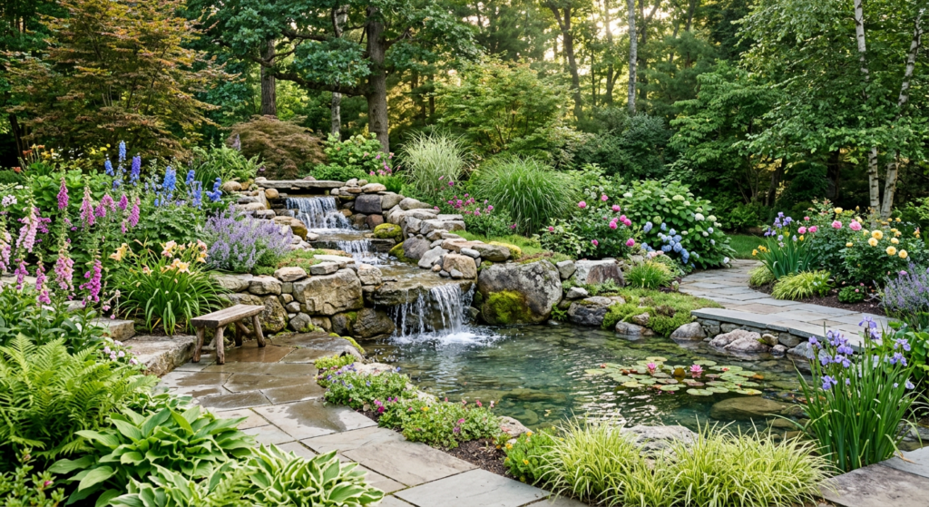 A professionally landscaped garden featuring a tiered stone waterfall cascading into a clear pond, s