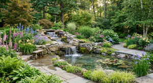 A professionally landscaped garden featuring a tiered stone waterfall cascading into a clear pond, s