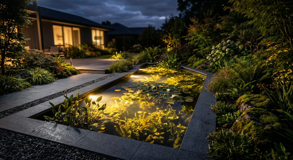 A professional editorial photograph of a modern garden pond at night, featuring elegant, warm-toned