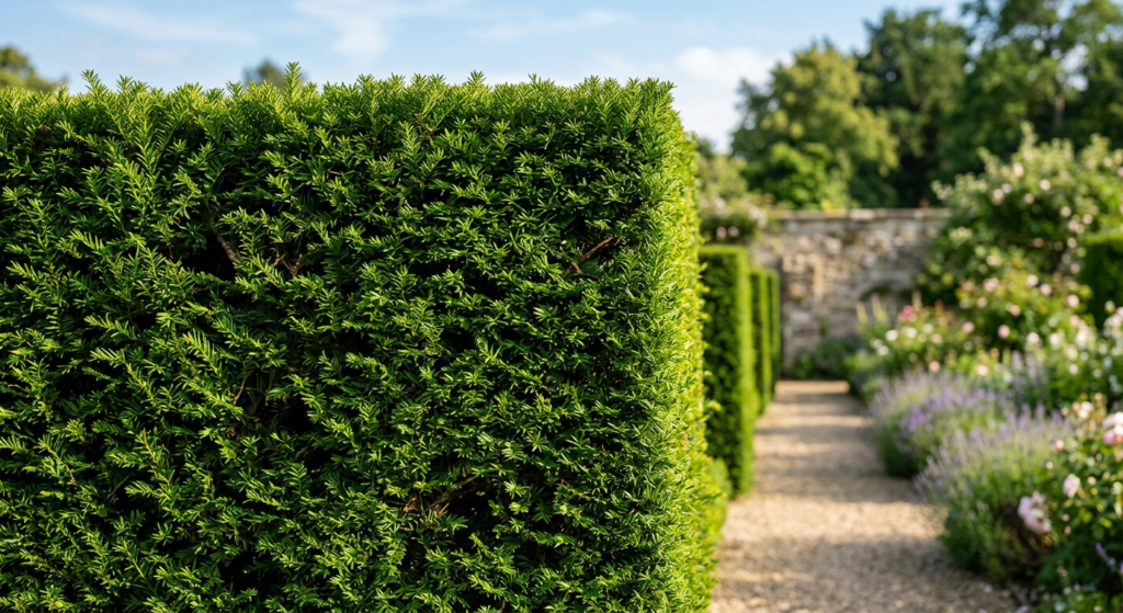 A professional, editorial-style close-up photo of a manicured evergreen hedge with sharp, crisp line