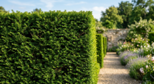 A professional, editorial-style close-up photo of a manicured evergreen hedge with sharp, crisp line