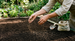 A high-angle, editorial-style photograph of hands spreading grass seeds over rich, dark, perfectly l