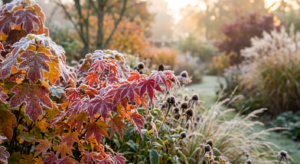 A professional, high-resolution editorial shot of a lush autumn garden at dawn with a delicate layer