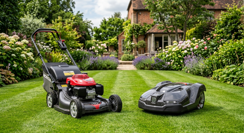 A side-by-side comparison of a modern gasoline lawn mower and a sleek autonomous robotic lawn mower
