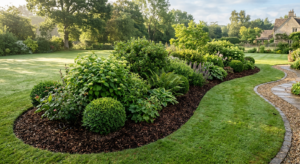 A high-angle, professional editorial shot of a lush garden bed featuring well-maintained shrubs surr