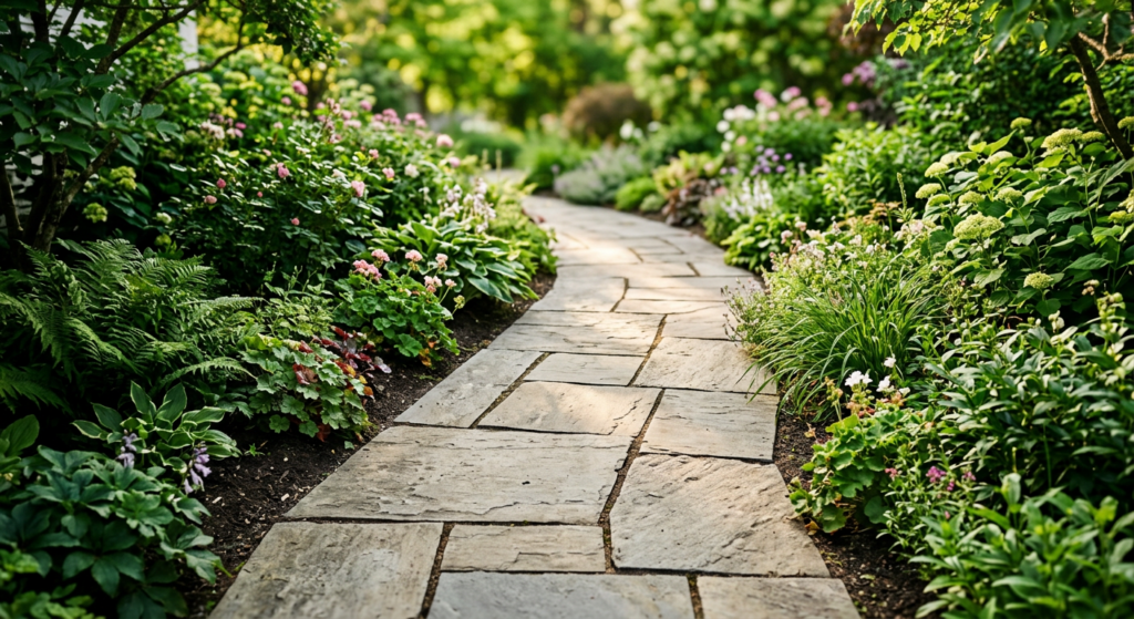 A high-angle, professional editorial photograph showing a clean, well-maintained stone walkway with