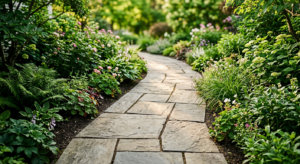 A high-angle, professional editorial photograph showing a clean, well-maintained stone walkway with