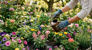 A professional, high-angle editorial shot of a gardener’s hands carefully watering vibrant, healthy