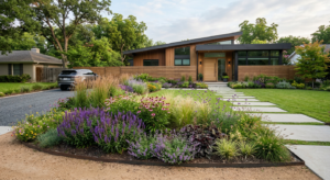 A professional, wide-angle editorial photograph of a contemporary residential front yard featuring a