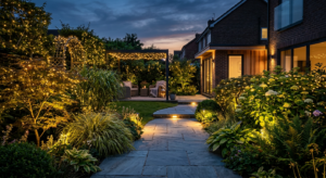 A professional editorial photograph of a cozy, small modern garden at twilight, featuring elegant fa