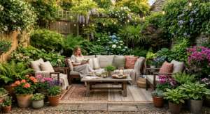 A professional, editorial-style photograph of a cozy, secluded backyard lounge area surrounded by lu