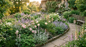 A professional, high-angle editorial shot of a lush garden bed featuring a harmonious color palette