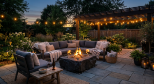 A cozy, professionally styled backyard relaxation zone at dusk featuring a modern stone fire pit, co