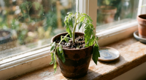 A professional, high-angle close-up of a vibrant tomato seedling with drooping leaves sitting in a s