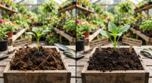 A professional, split-screen editorial shot comparing dark, fibrous peat substrate on one side and r