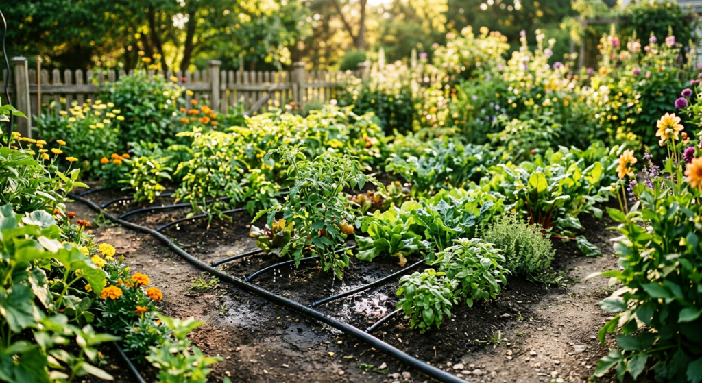 A high-angle, professional editorial photograph of a lush green garden being efficiently watered by