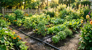 A high-angle, professional editorial photograph of a lush green garden being efficiently watered by
