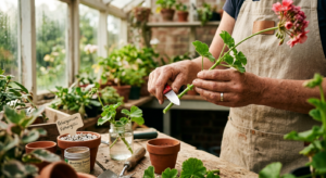A professional, editorial-style close-up photo of a gardener’s hands preparing a fresh pelargonium s