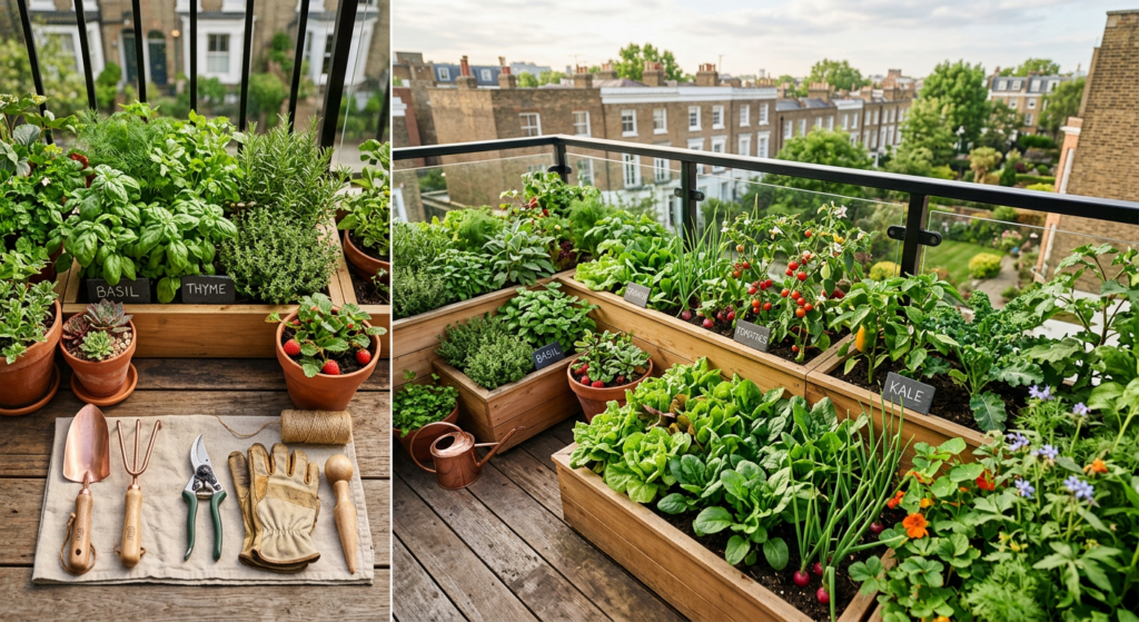 A professional, high-angle editorial shot of a lush, thriving balcony herb and vegetable garden in w