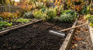 A professional, high-angle editorial photograph of a neatly prepared rich, dark garden bed with clea